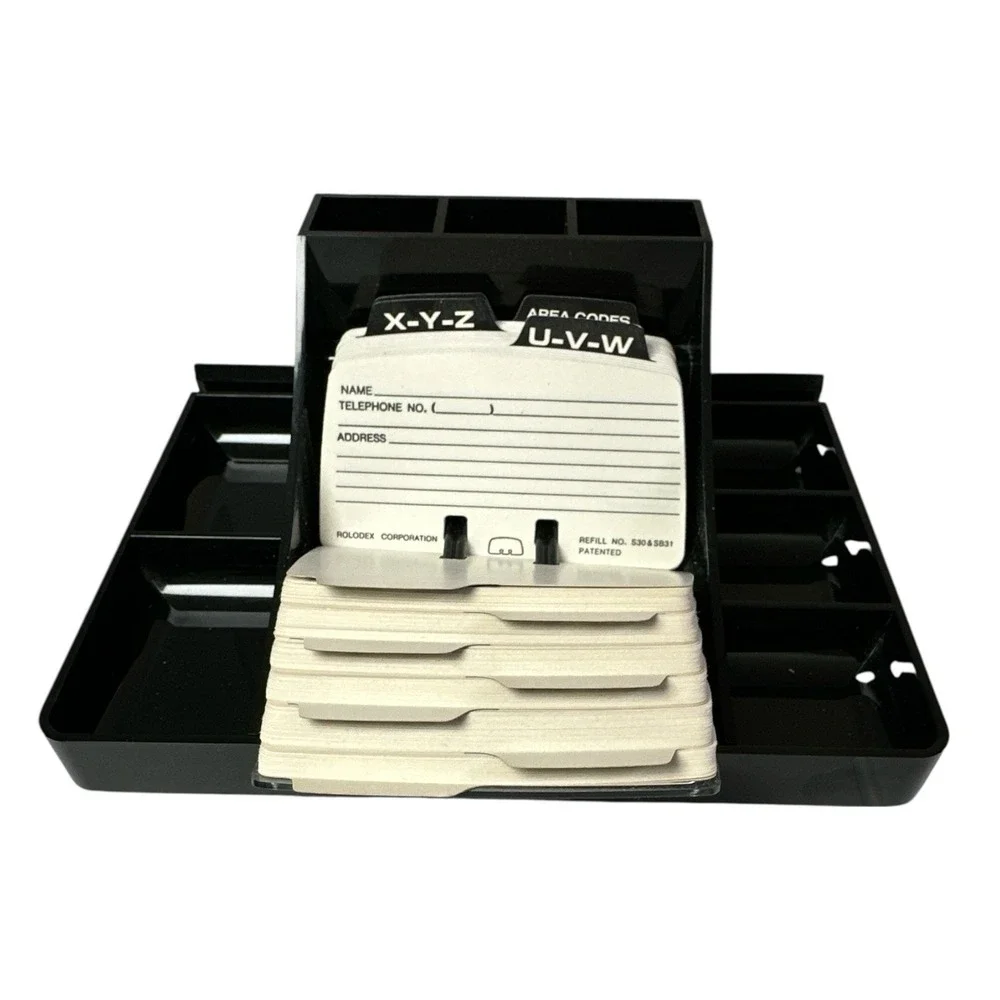 Vtg Rolodex Petite Desk Organizer RPD-1000 Black w/ Box Insert Open Box Pen